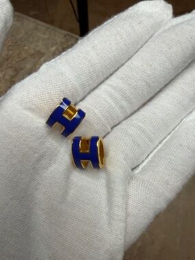 Hermes Cobalt Blue and Gold H Motif Enamel Clip-On Earrings